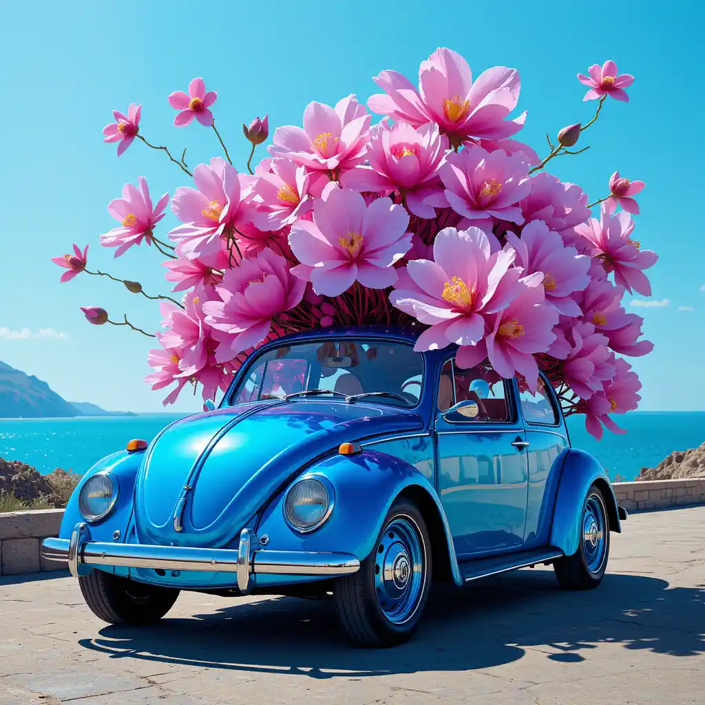 Auto cromata blu surreale con fiori fluttuanti sulla costa