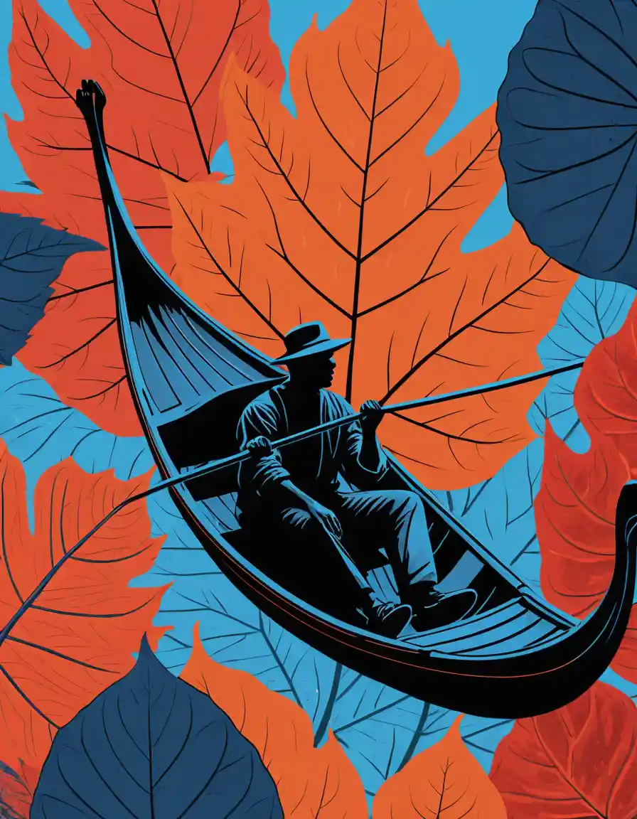 Persona in gondola che fluttua su una foglia gigante e colorata
