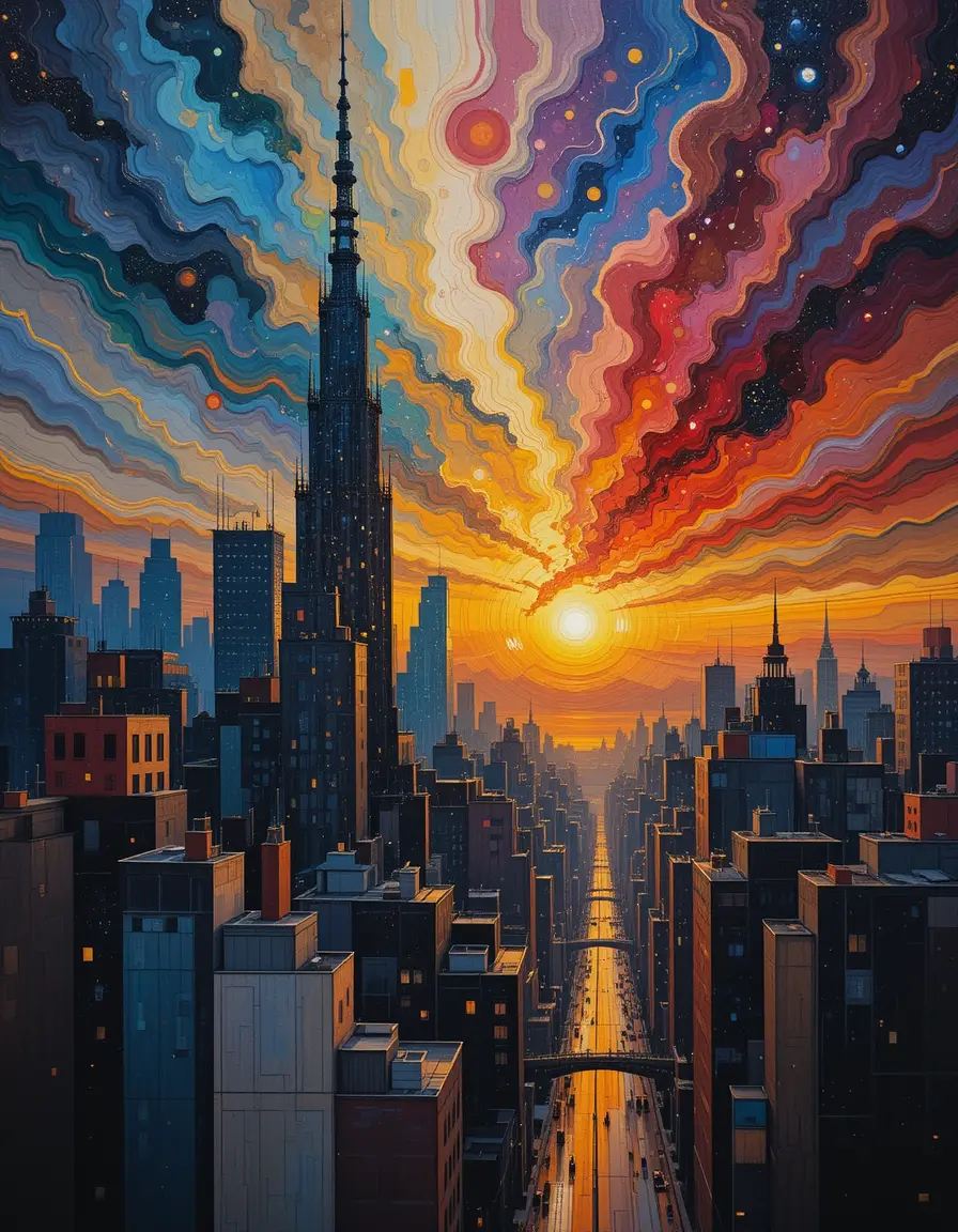 Abstrakte urbane Morgendämmerung mit mystischem Regenbogen-Nebel-Himmel