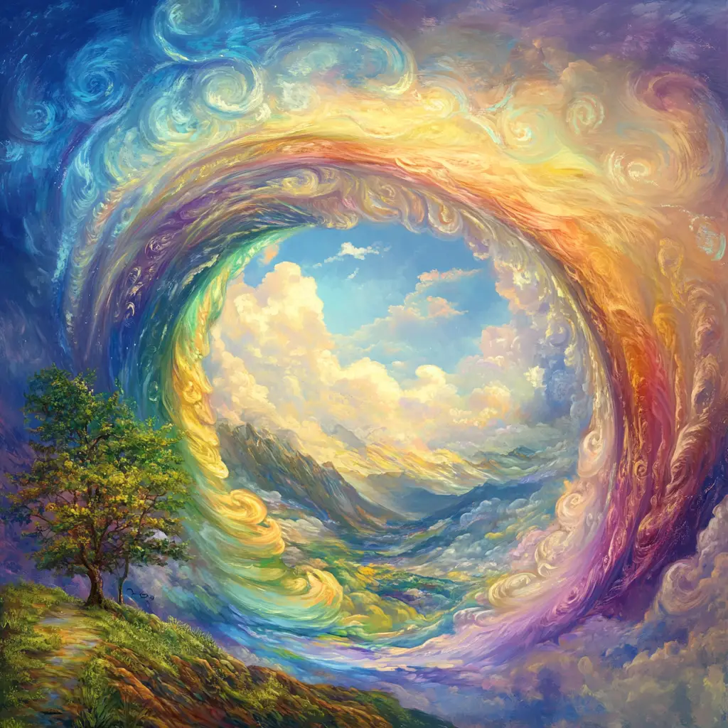 Farbenfroher Wirbel-Regenbogen über dramatischer Berglandschaft