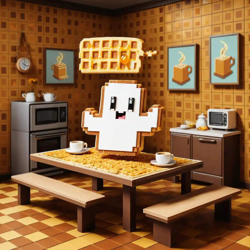 Cute pixel toast ghost above a retro breakfast table