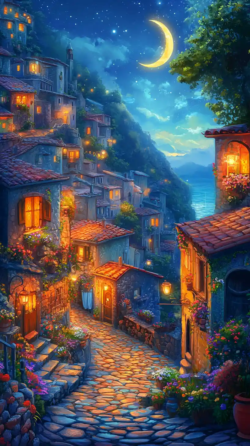 Fiabesco villaggio fantasy ispirato a Riomaggiore di notte