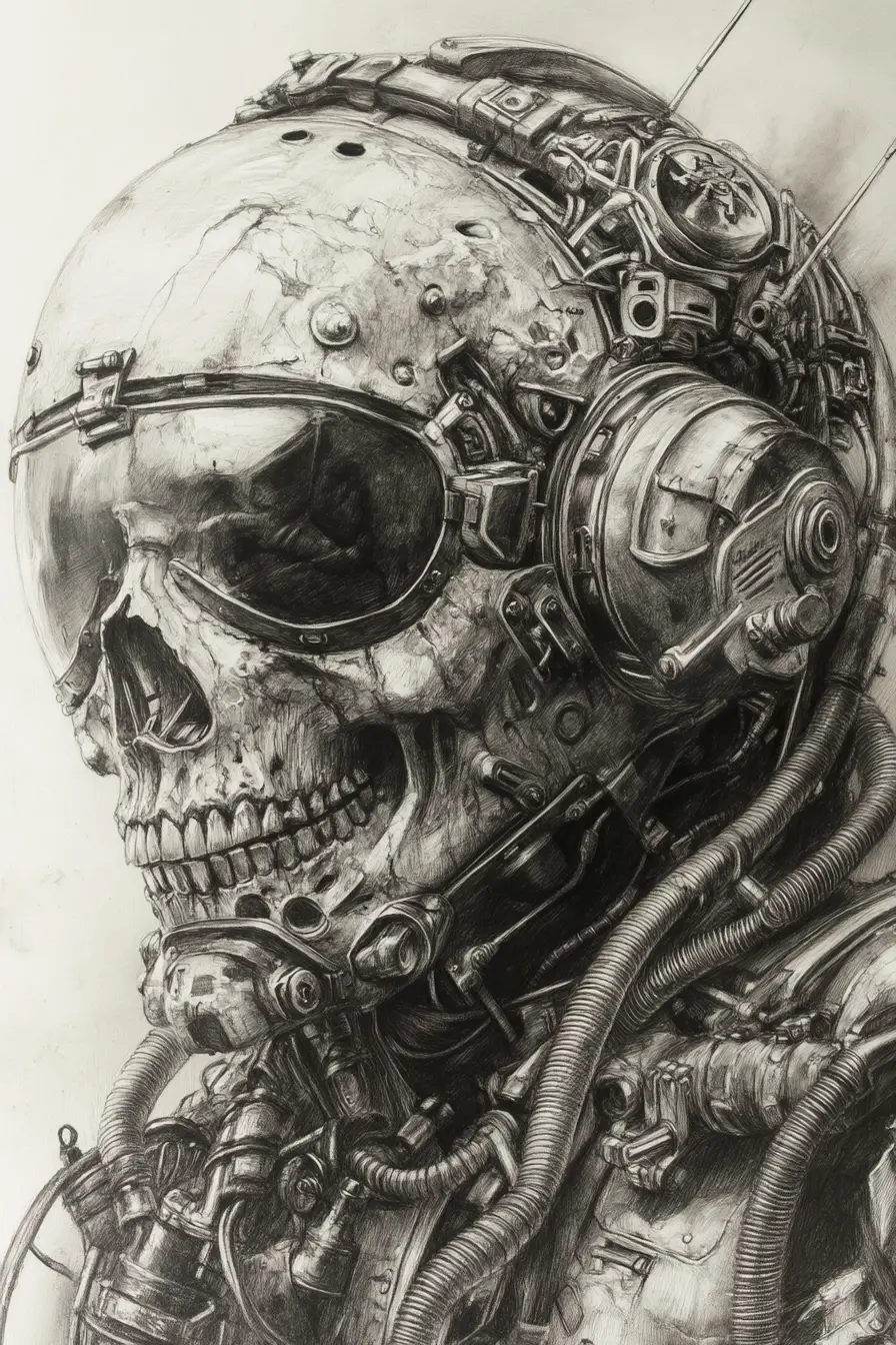 Futuristischer gepanzerter Krieger mit Totenkopfhelm als Bleistiftskizze