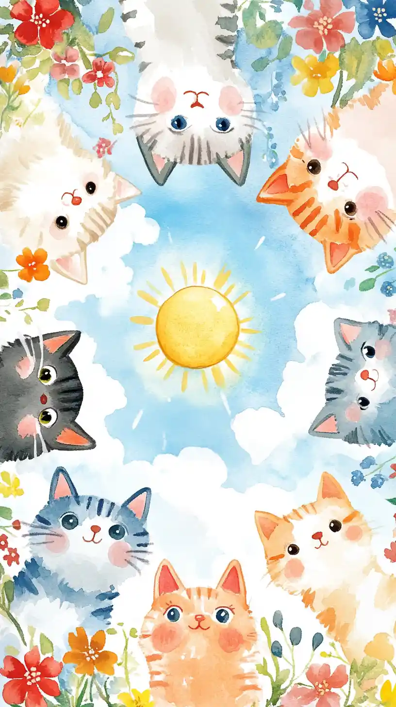 Joyful watercolor cat faces around a sunny blue sky