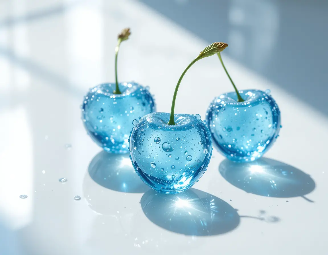 Cerises bleues translucides sur surface blanche brillante