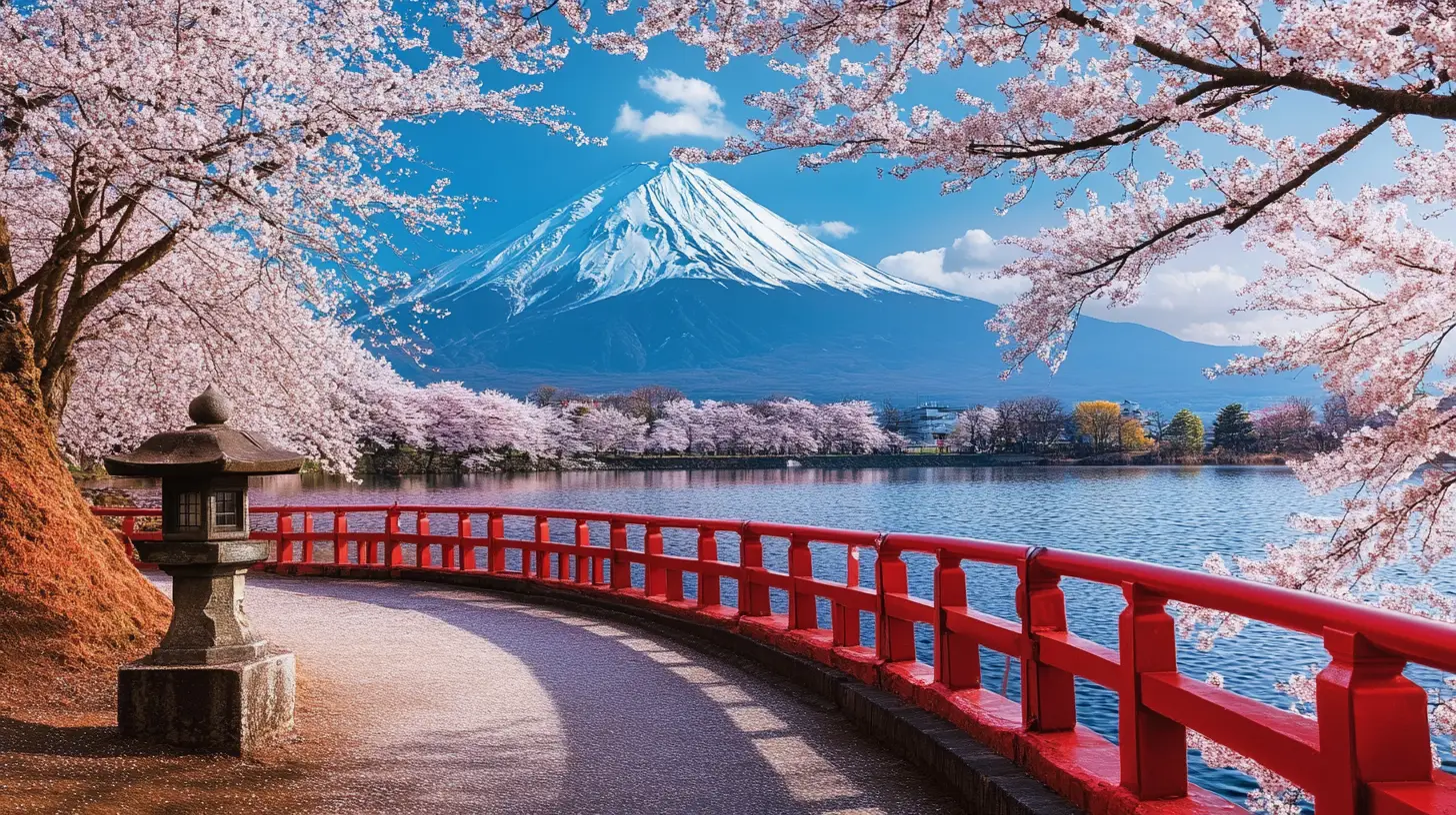 川にかかる桜の橋と遠くに見える富士山