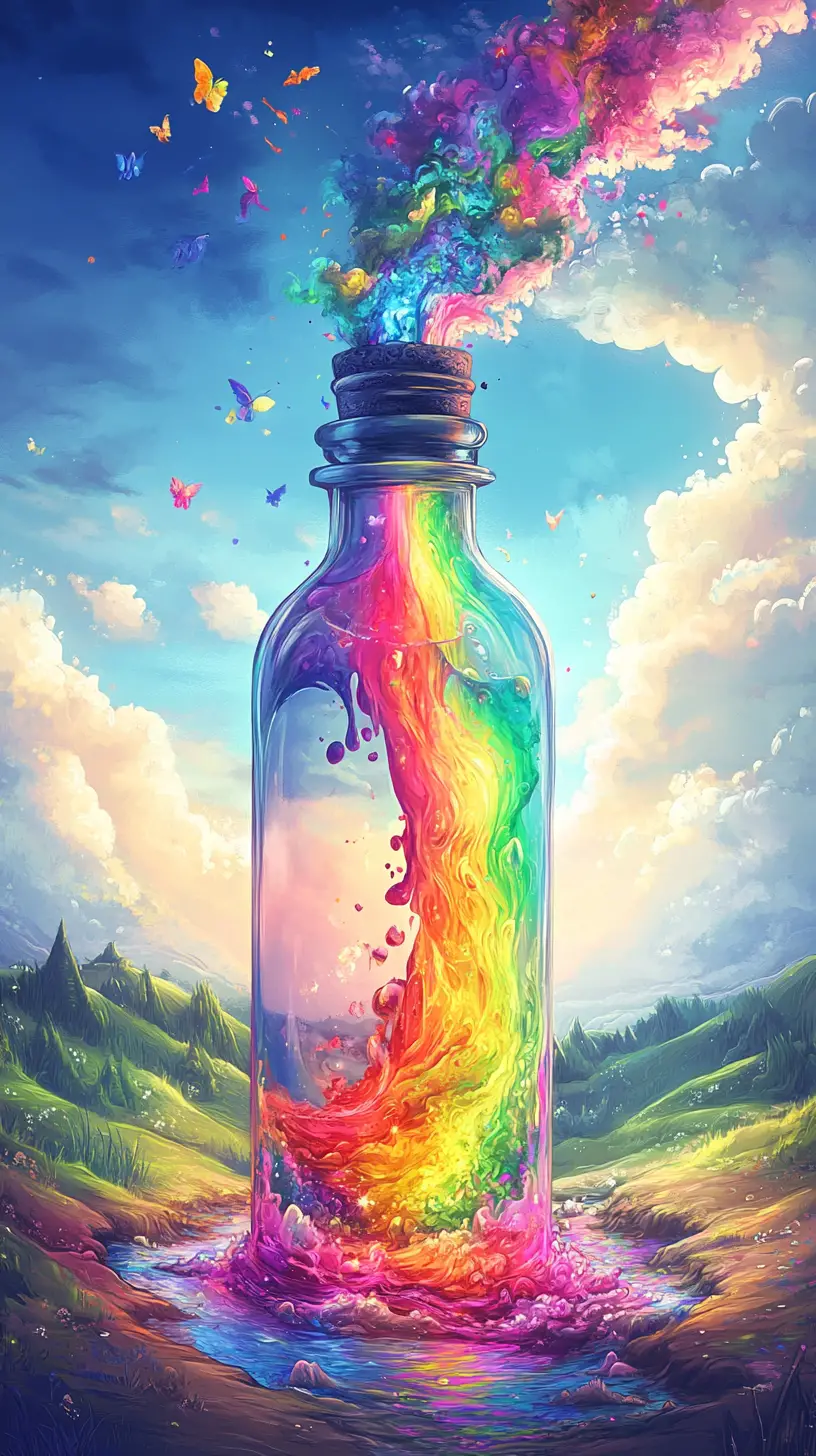 Mystische Flasche, die einen Regenbogen über eine Fantasielandschaft gießt