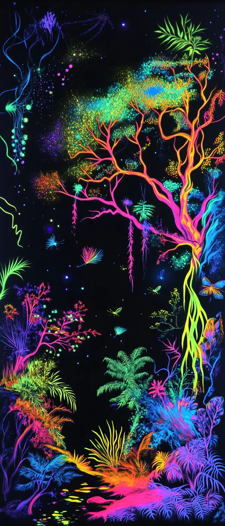 夜間黑光下發光的生物發光叢林