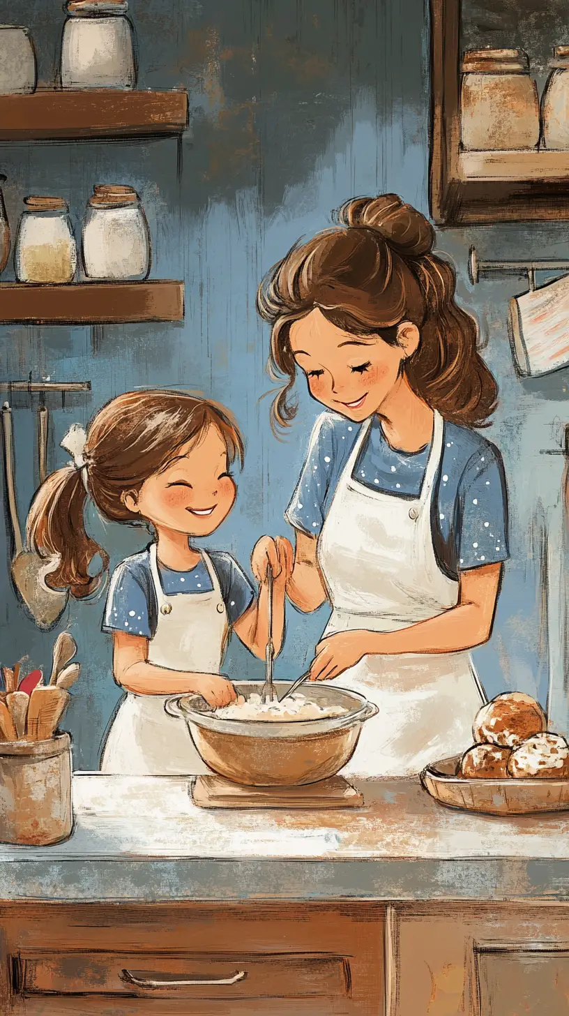 Mutter backt mit Tochter in einer gemütlichen Küche – Illustration