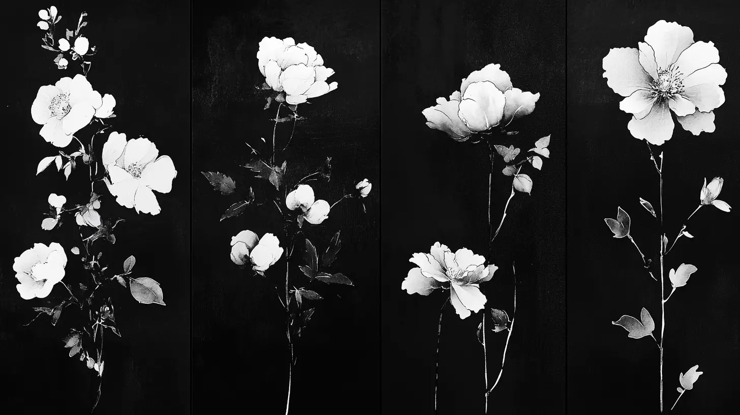 Blumen im japanischen Tintenstil auf geometrischen Fliesen arrangiert