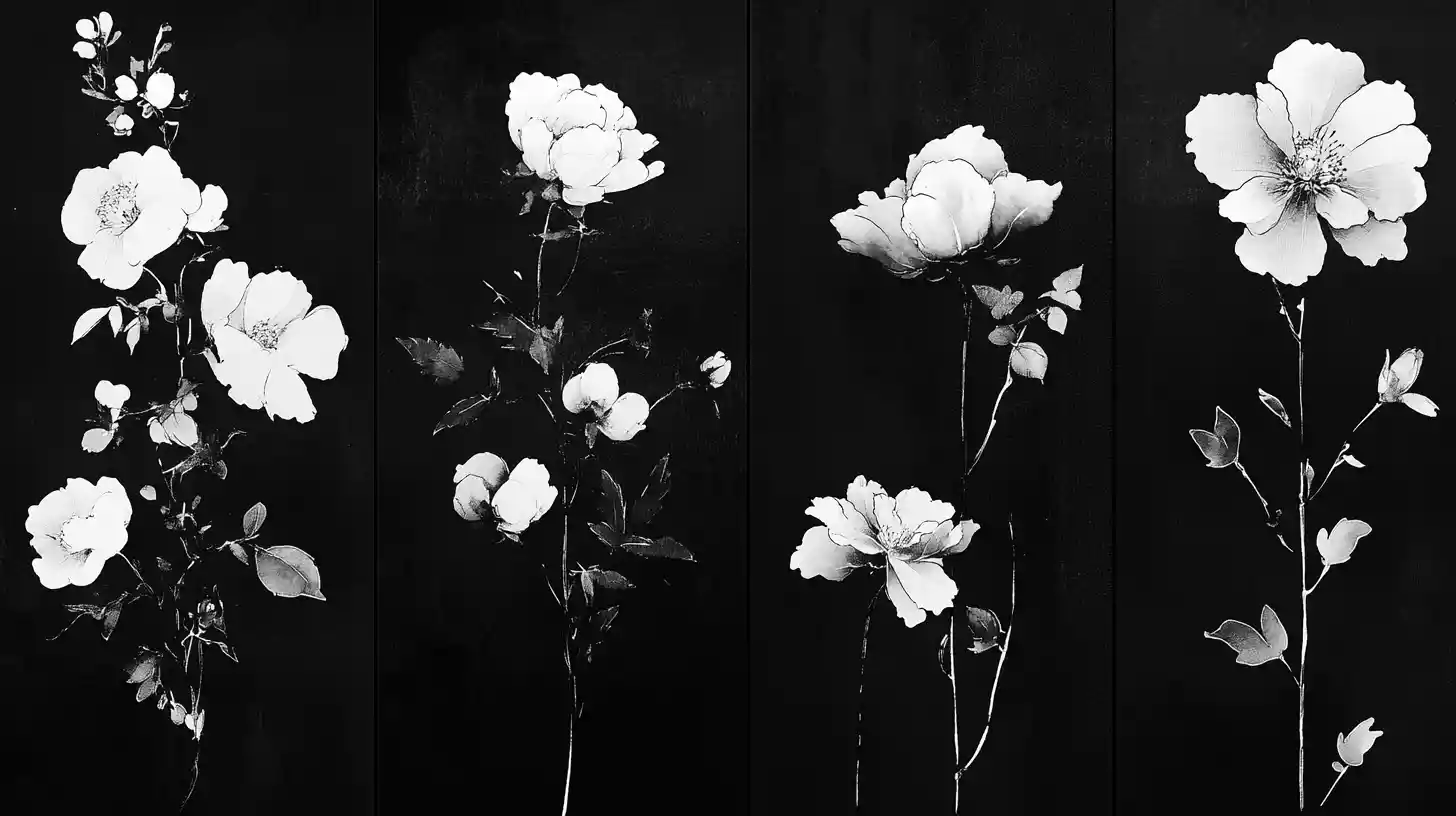 Japanese ink style flowers arranged on geometric tiles