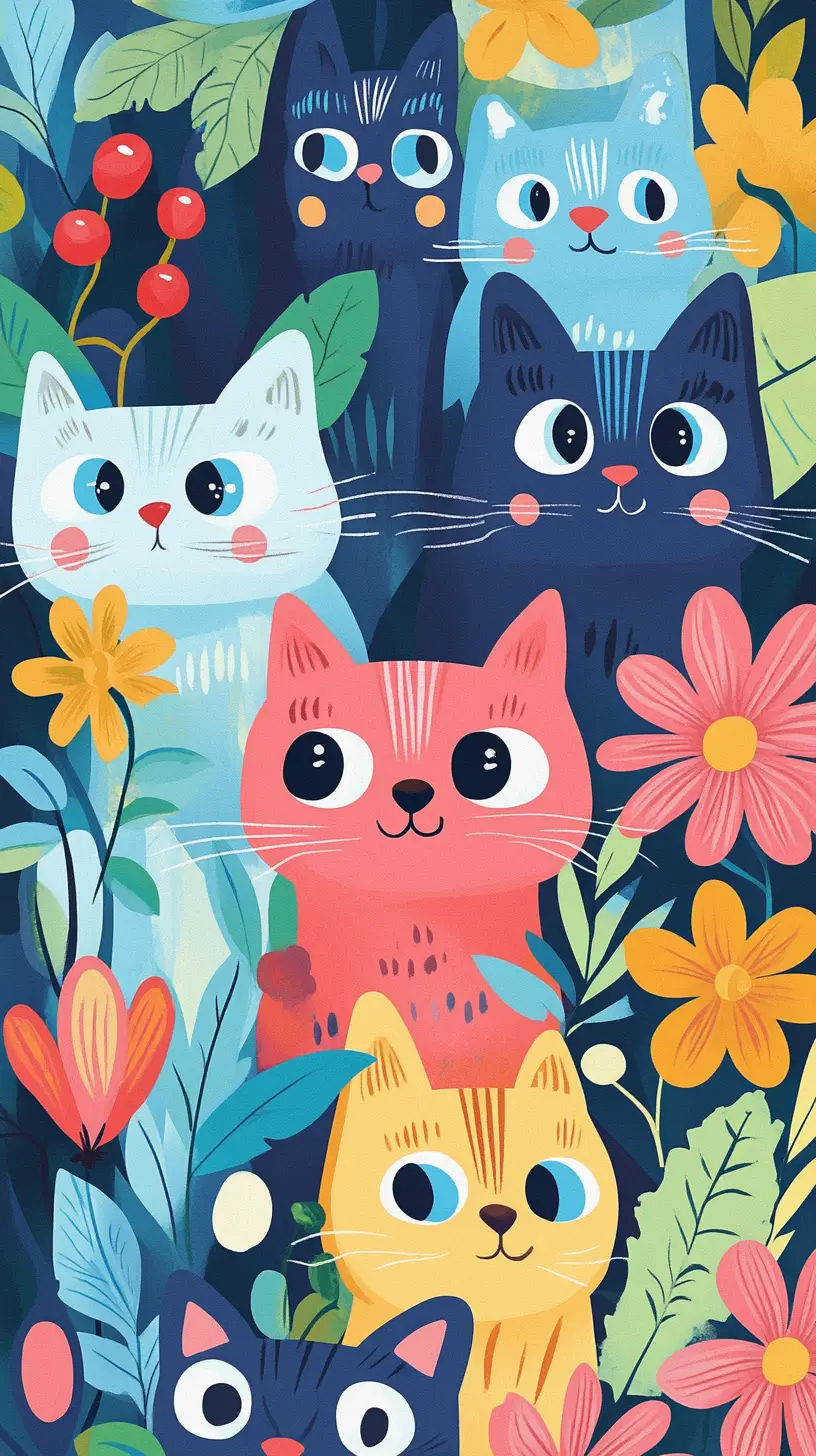 Colorful curious cats among summer flowers and berries