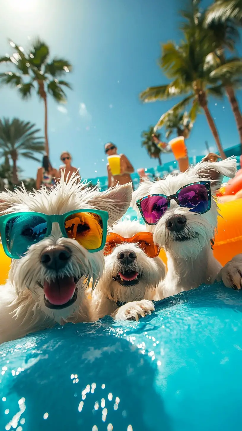 Chiens blancs avec des lunettes de soleil prenant un selfie amusant à la piscine en été