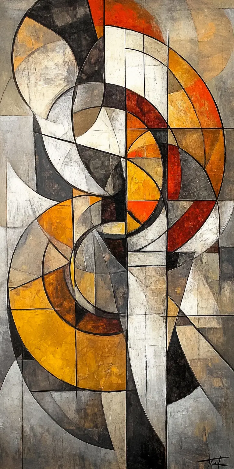 Abstraktes orange-graues geometrisches Gemälde mit geschichteten Formen