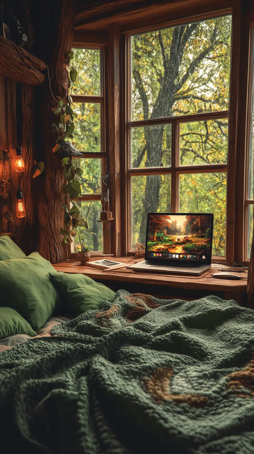 Letto accogliente con cuscini verdi in una casa sull’albero di legno