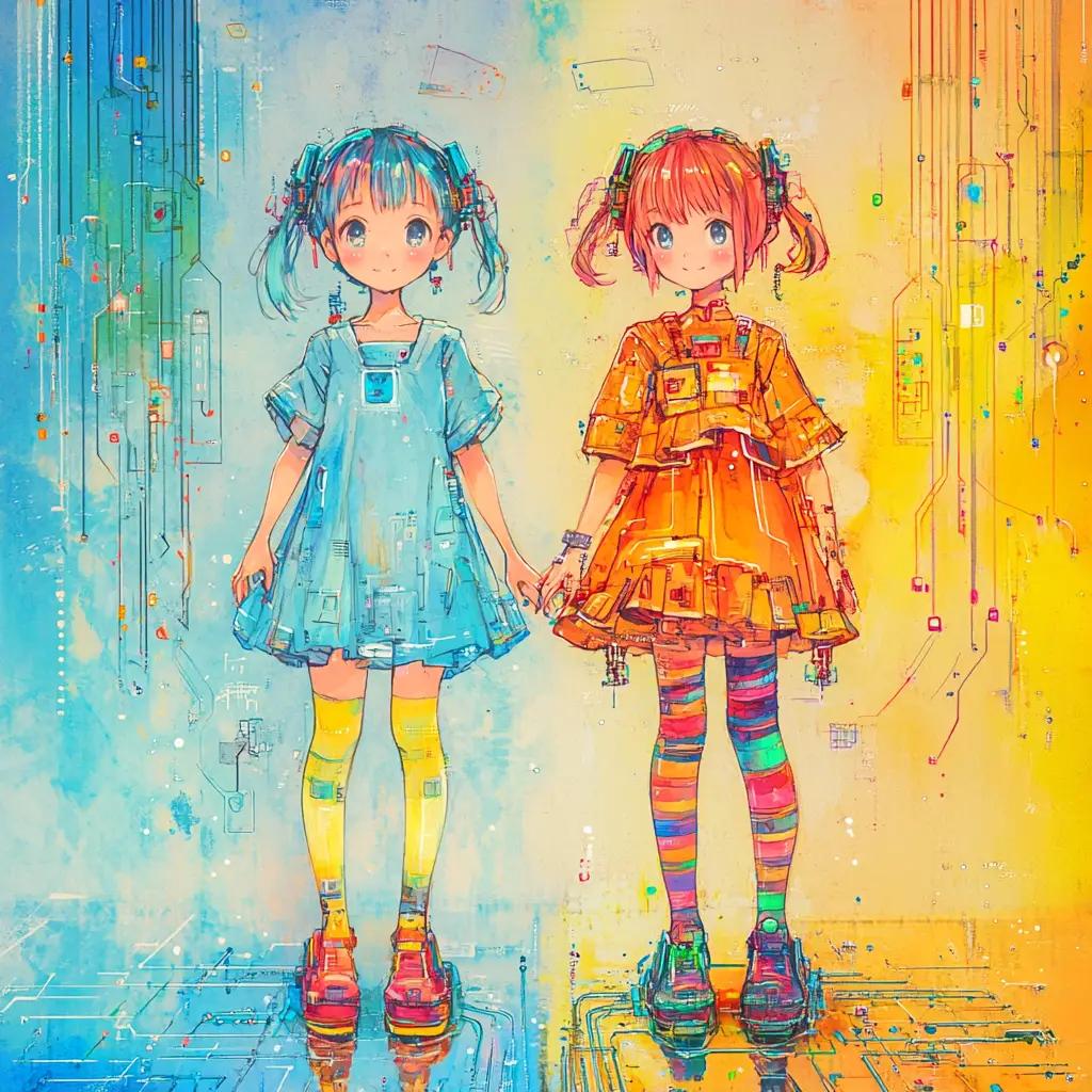 カラフルな抽象スプリット背景の二人のアニメ少女