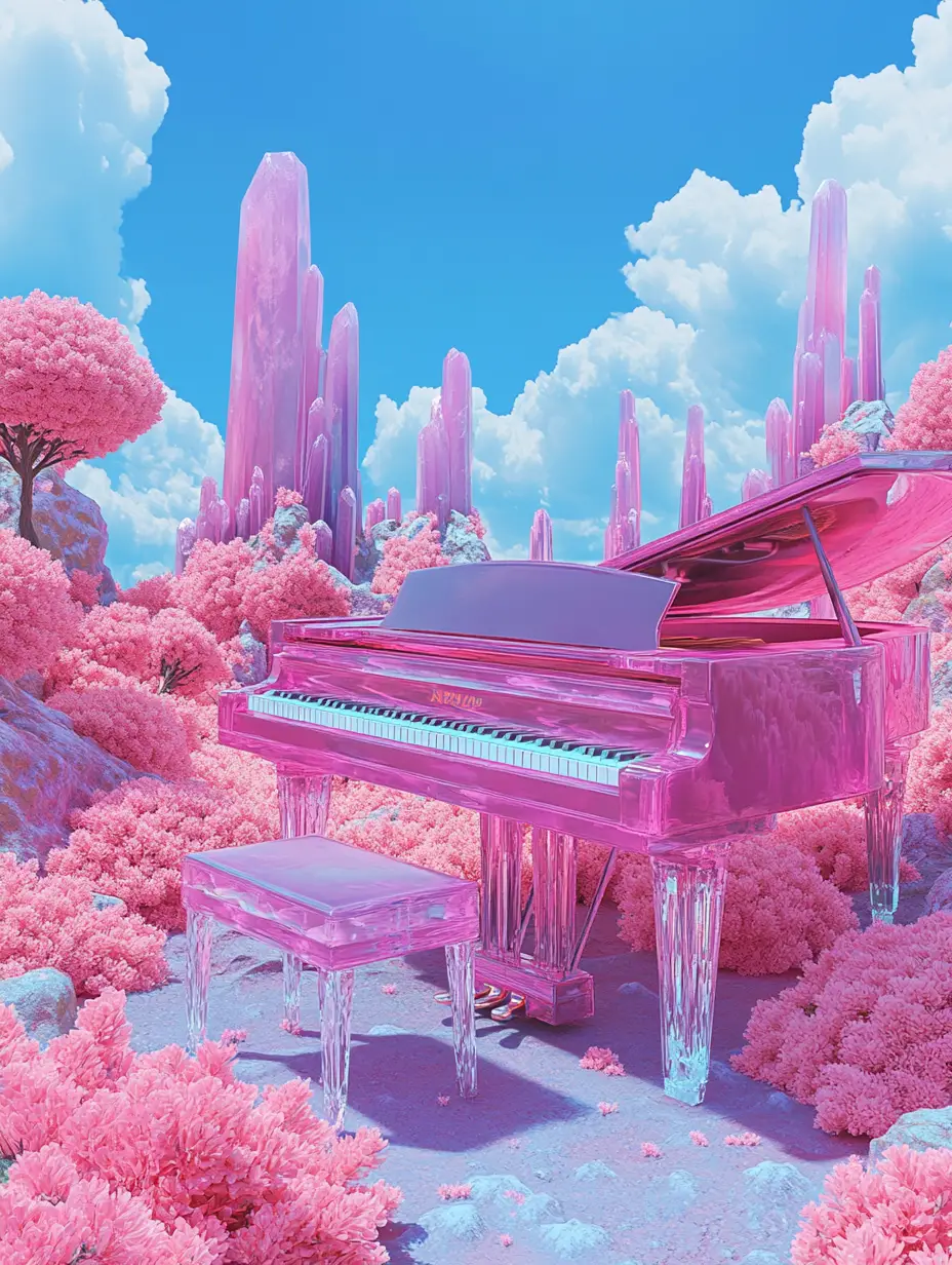 Pianoforte di cristallo rosa in un paesaggio onirico alieno surreale