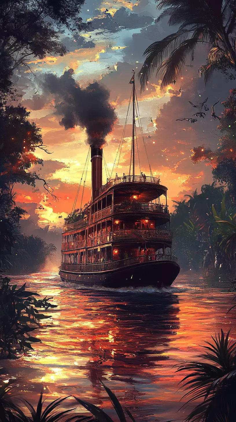 Vintage-roter Flussdampfer kreuzt durch den Amazonasdschungel