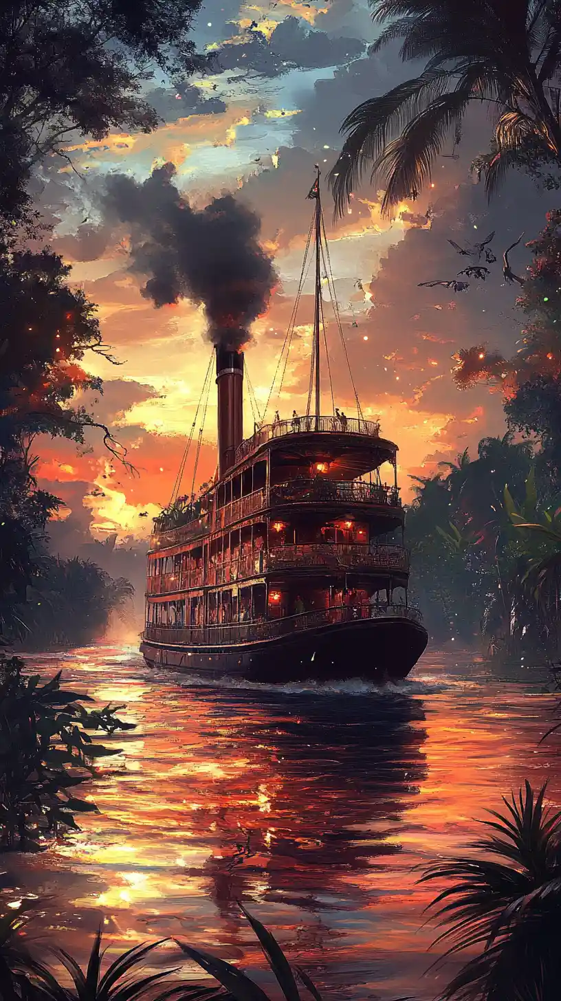 Vintage red river steamer cruising through amazonian jungle
