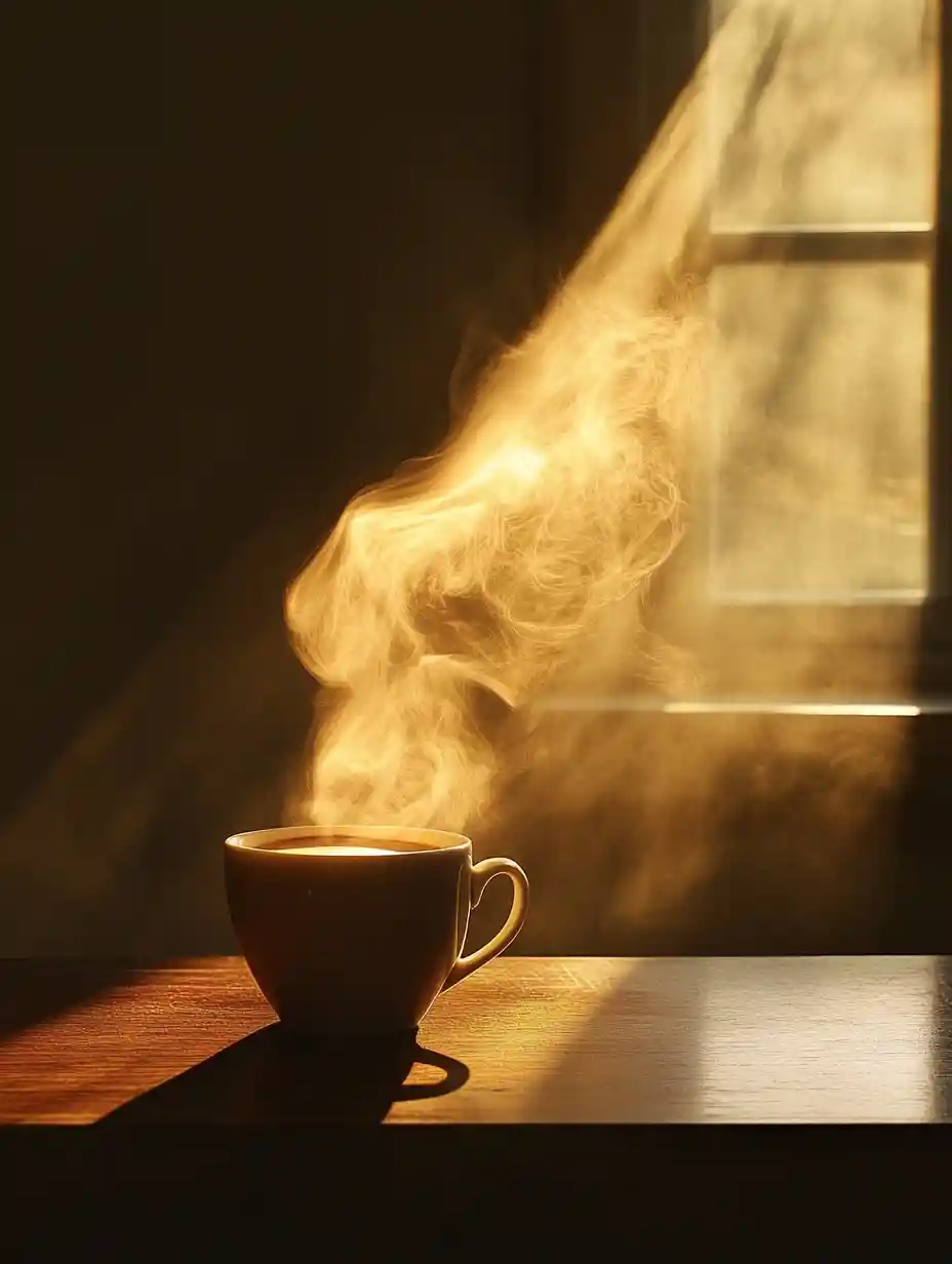 Luce del mattino su caffè fumante su bancone di legno