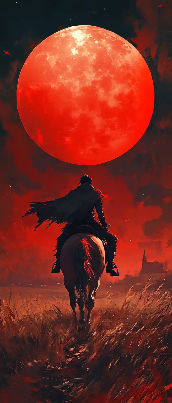 Lone Rider Under Crimson Full Moon In Desolate Field