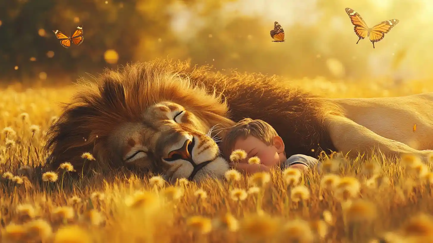 Boy Sleeping On Lion In Golden Fantasy Meadow
