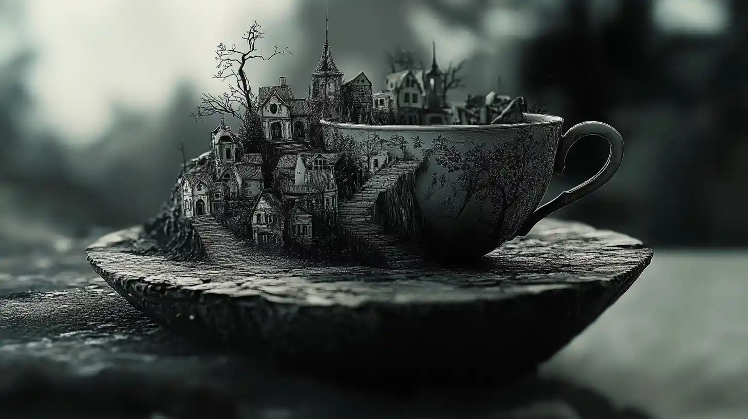 Charcoal macro scene of teacup surrounded by tiny town