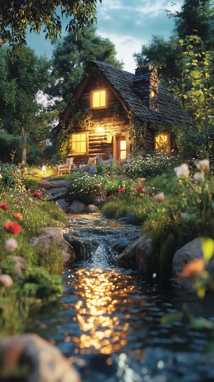 Rustic garden house by a stream at golden dusk
