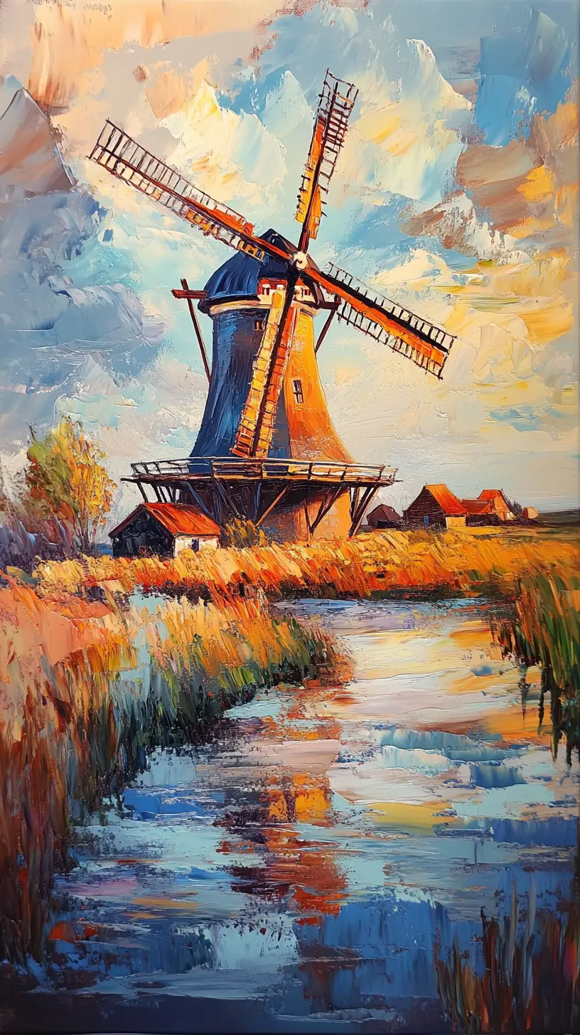 Impressionistische niederländische Windmühlenlandschaft im warmen goldenen Licht