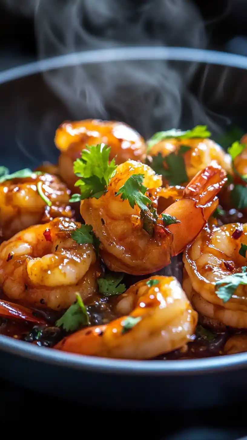 Spicy glazed shrimp with fresh cilantro and steam