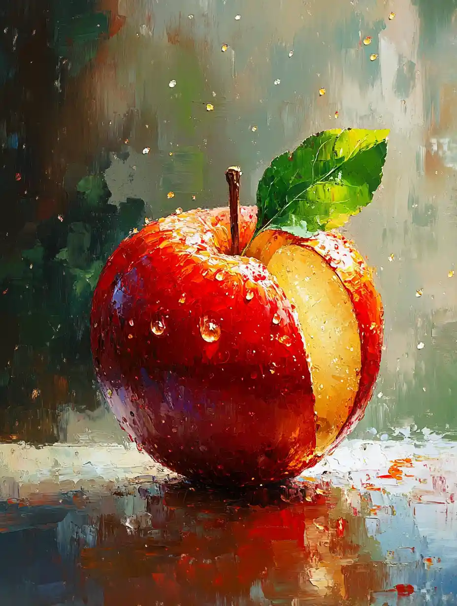 Close up oil painting of a fresh red apple