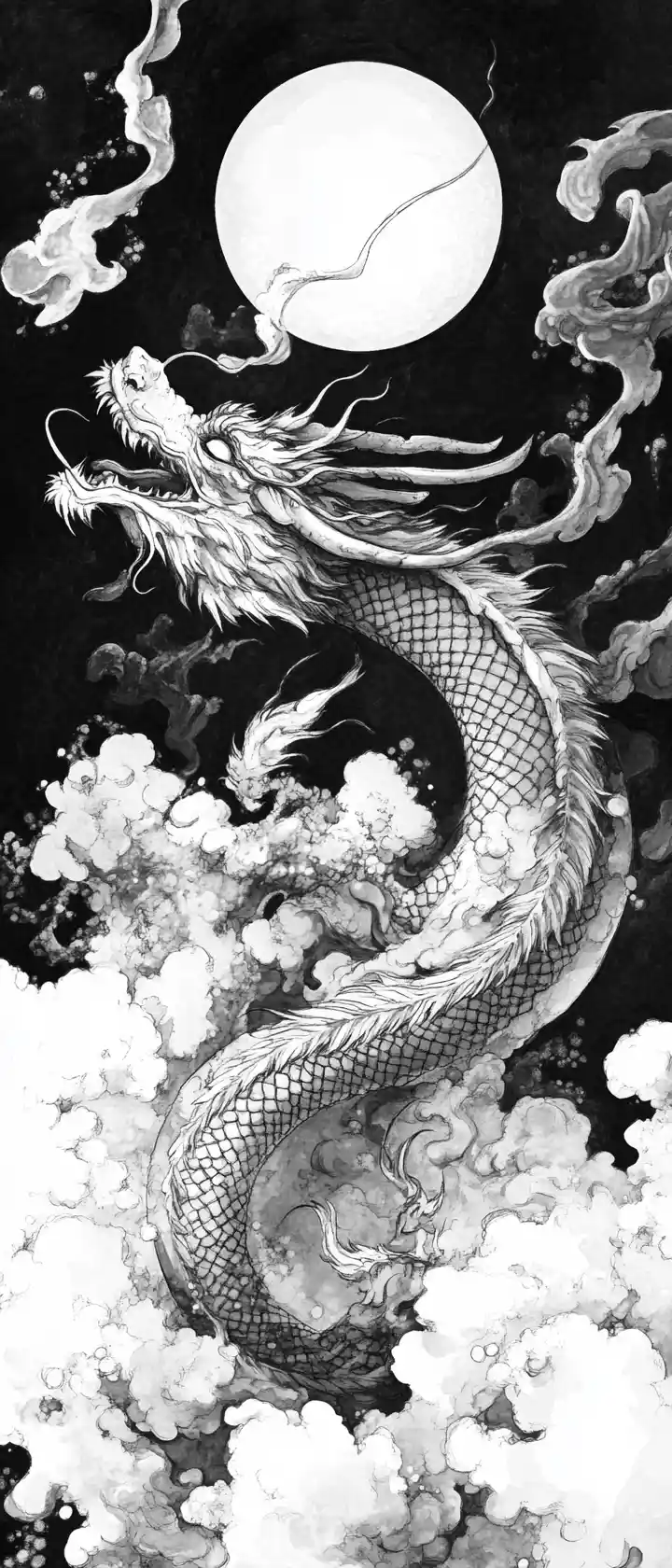 Tinten-Drache, der sich unter einem blassen Mond durch die Wolken windet