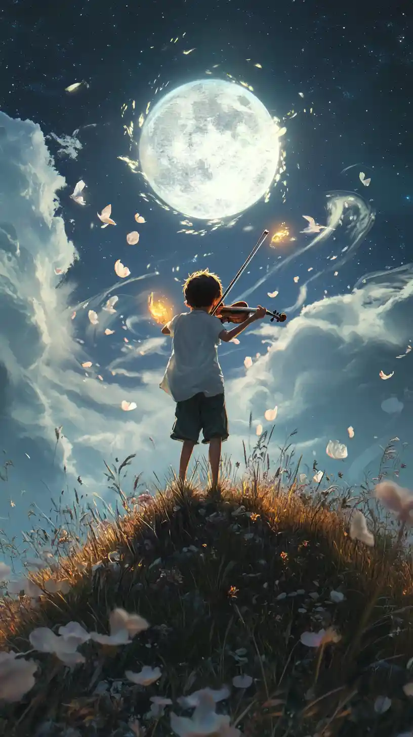 Boy Playing Glowing Violin On Moonlit Hill At Night