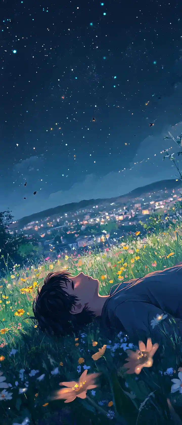 Ragazzo su una collina silenziosa sotto un cielo notturno vuoto
