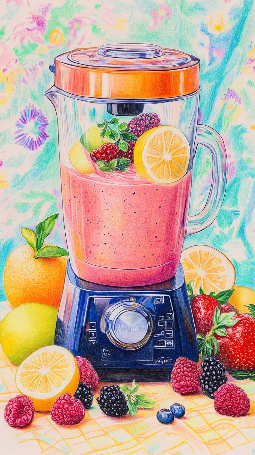 Frullato colorato nel blender con frutta in una cucina carina
