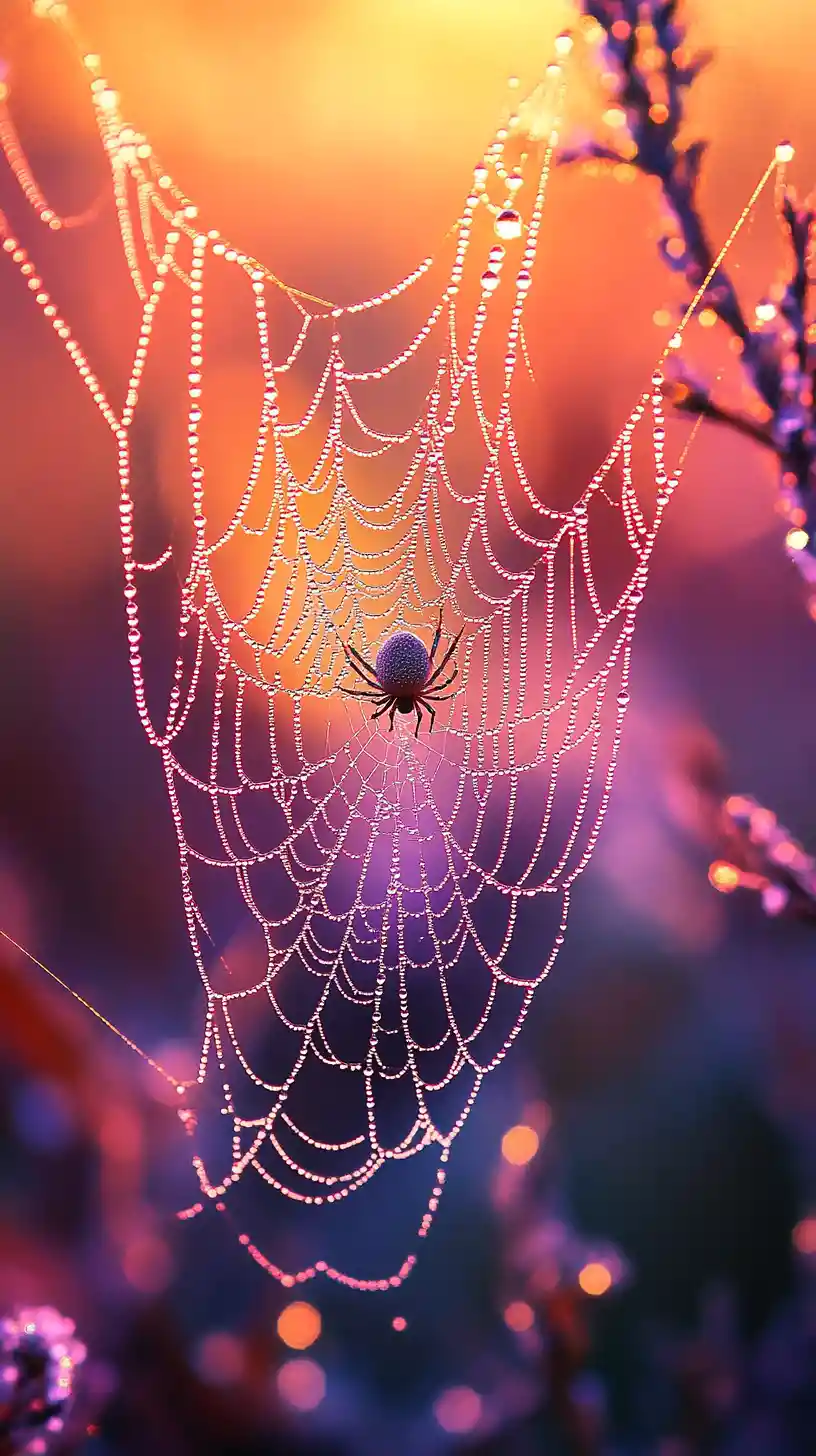 Spinnennetz mit Tautropfen, die in der Sonnenaufgangswiese leuchten