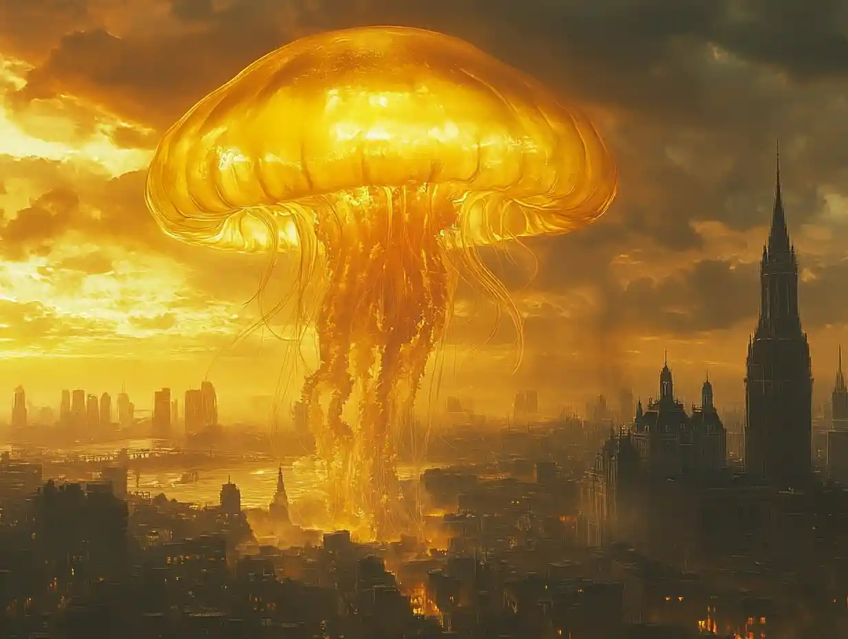Gigantic golden jellyfish towering above a modern city