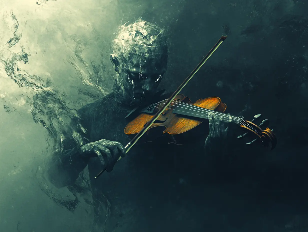 Violino umanoide che piange su un palcoscenico etereo e solitario