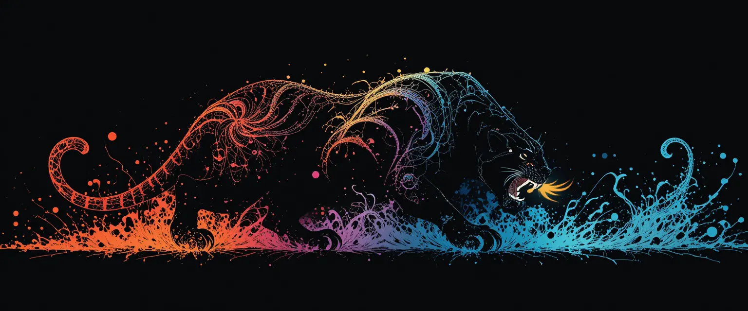Panther, der mit leuchtenden Augen auf dunklem Hintergrund seiner Beute nachstellt