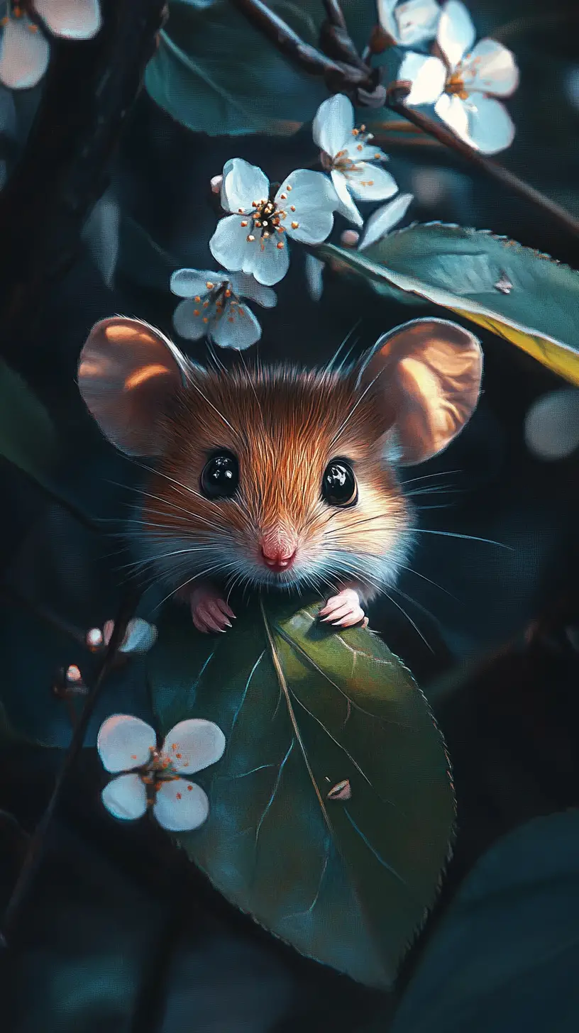 Cute mouse under a blossom on a forest leaf