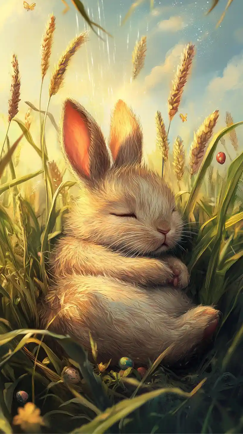 Sleeping easter rabbit resting in a sunny cornfield