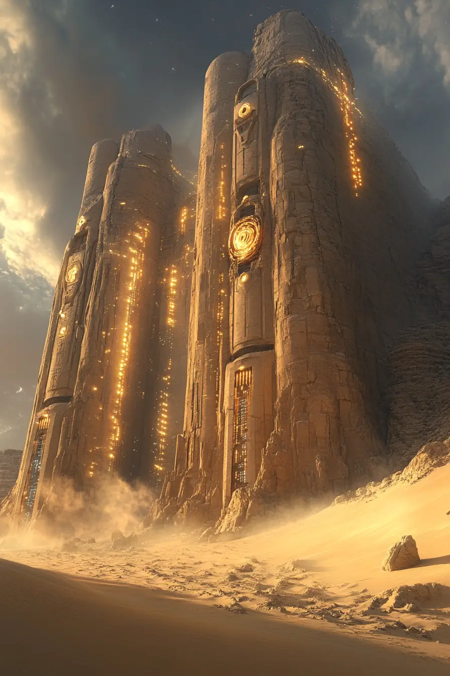 Sci‑Fi-Sandsteintempel, der aus leuchtenden Wüstendünen emporragt
