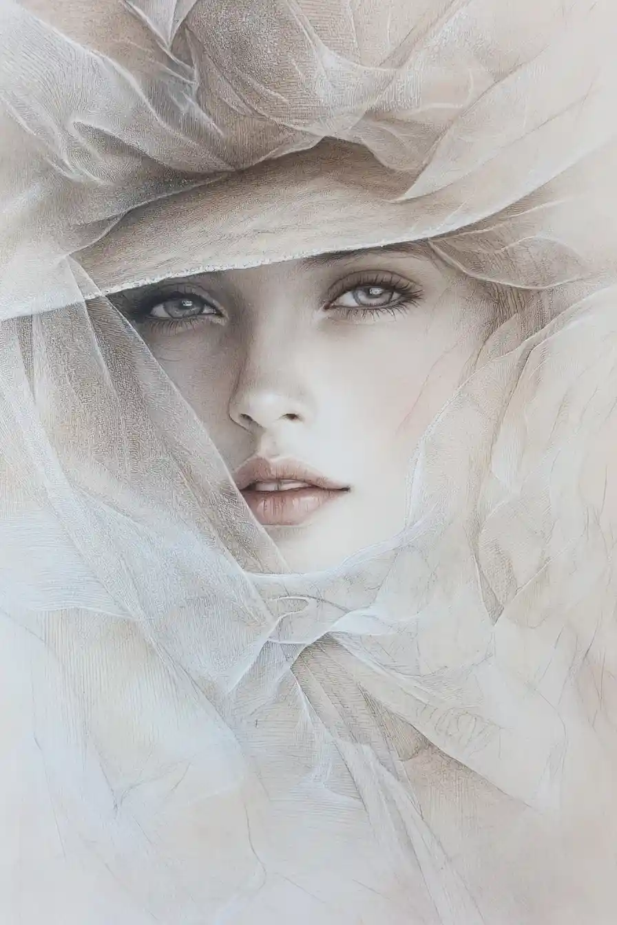 Ritratto di ragazza elegante con cappello e leggero velo di chiffon