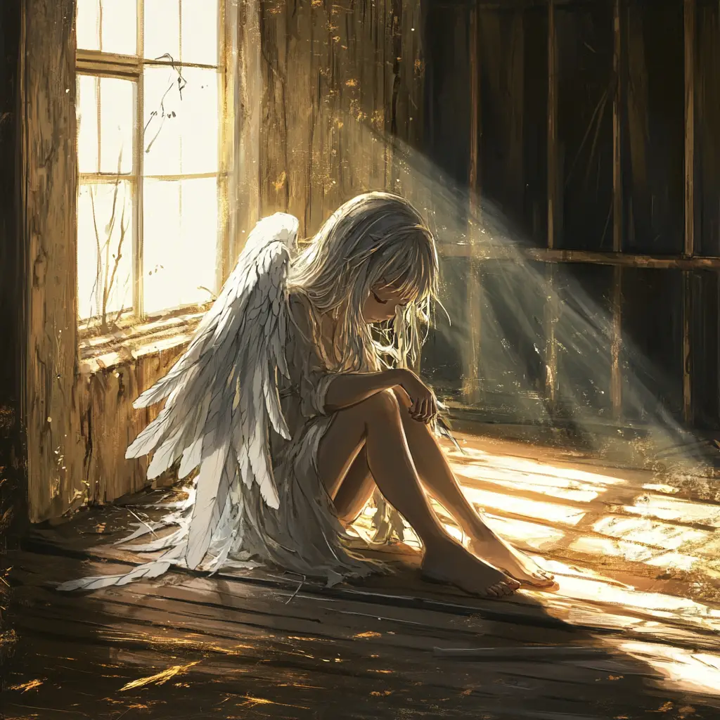 Menina anjo solitária em quarto de madeira abandonado banhado pelo sol