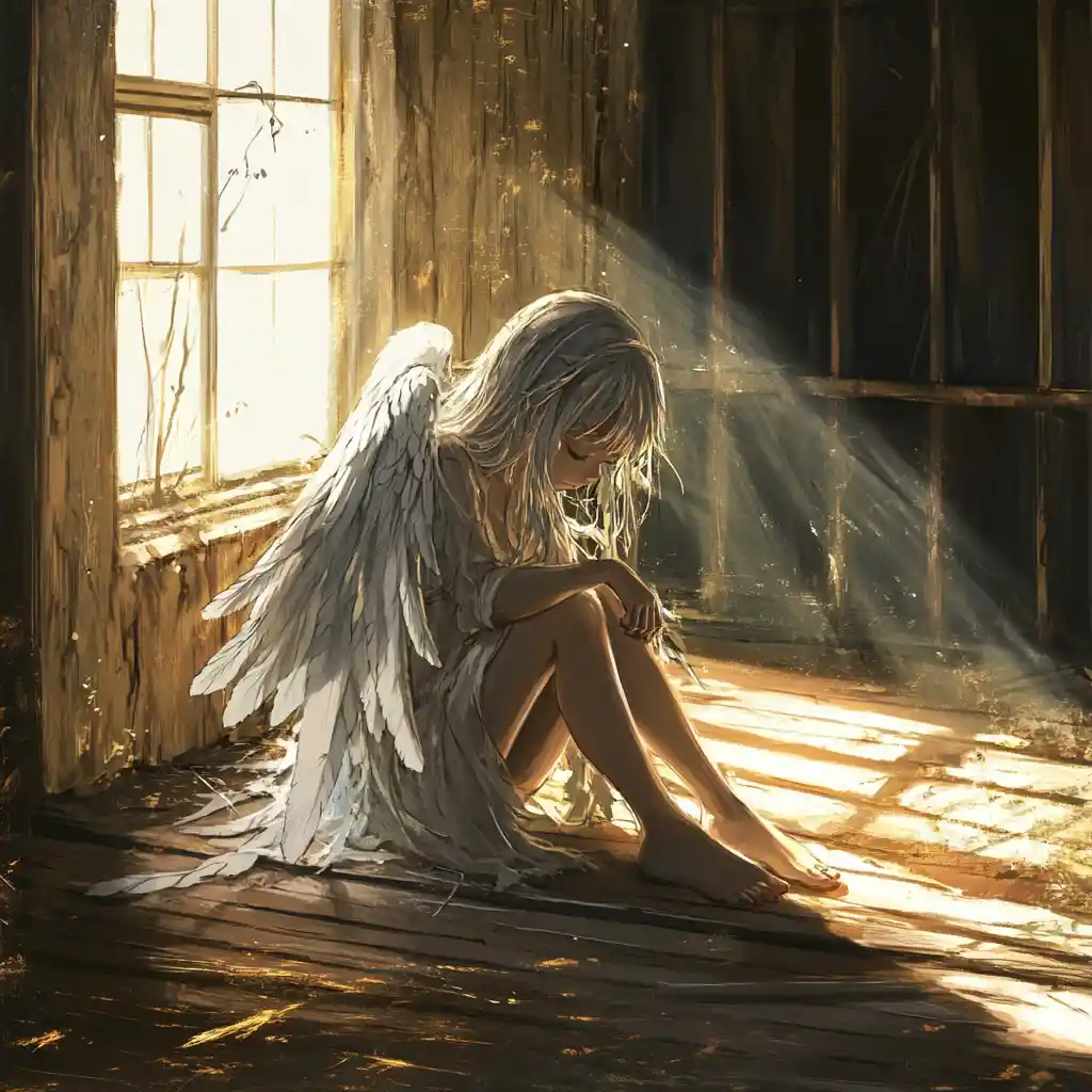 Menina anjo solitária em quarto de madeira abandonado banhado pelo sol