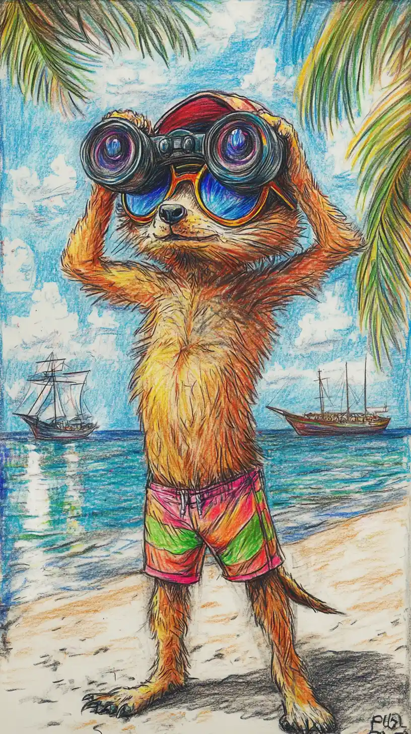 Cute cartoon meerkat with binoculars on a sunny beach
