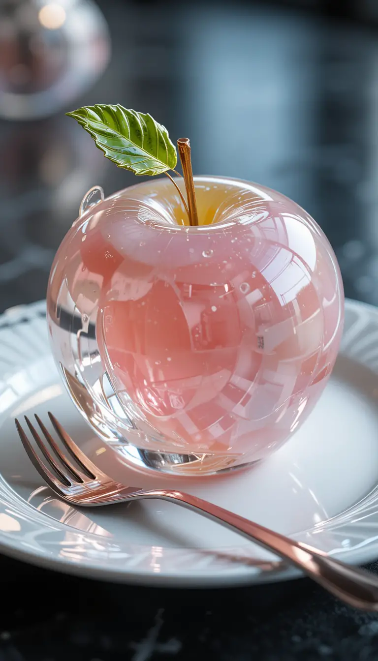 Elegantes glasähnliches Apfeldessert auf weißem Teller