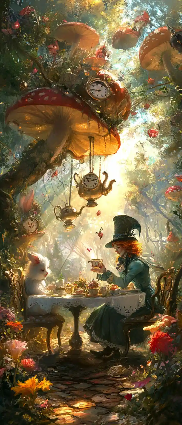 Whimsical tea party beneath giant mushrooms and flowers