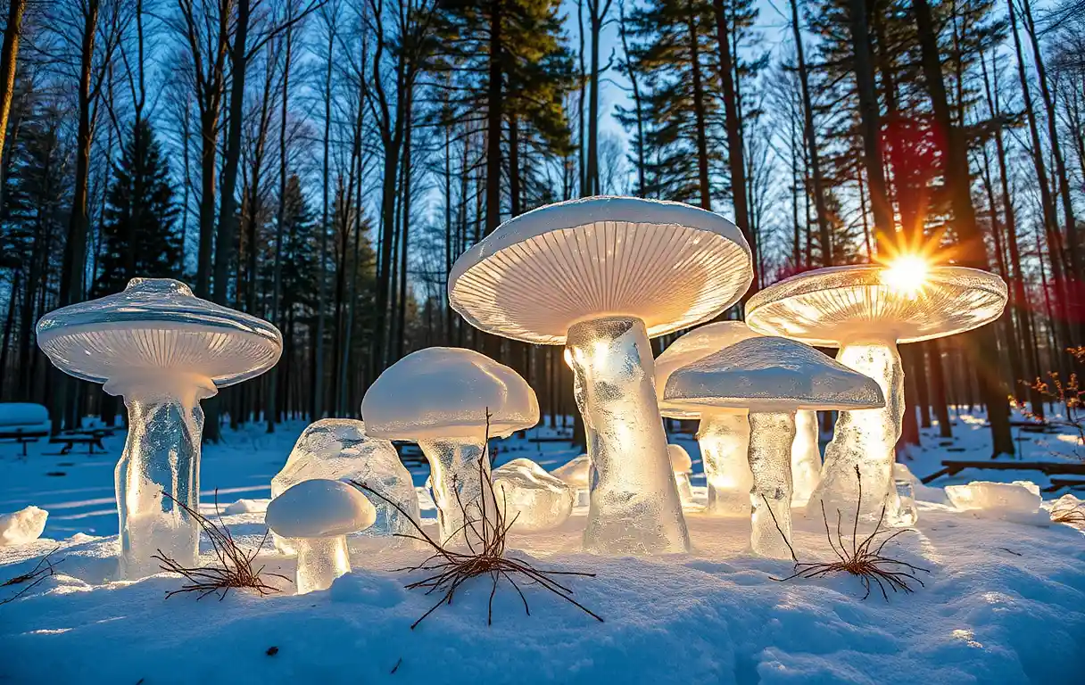 Eis-Pilzskulpturen, die in einem sonnenbeschienenen Wald funkeln