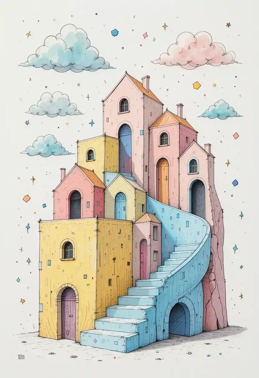 Surreal pastel walkway through whimsical geometric houses